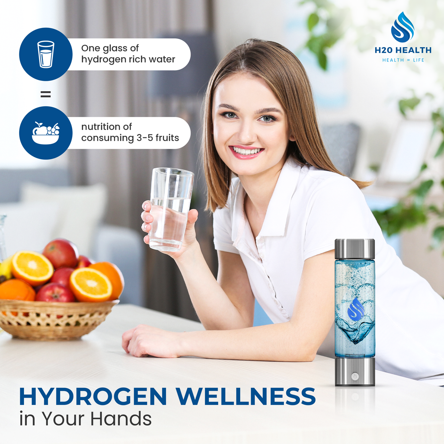 H20 Health® Glass Hydrogen water bottle, Water Purifier, (CE,FCC,LFGB certified) SPE PEM Hydrogen Water Bottle Technology, Filtered Water, water purifier