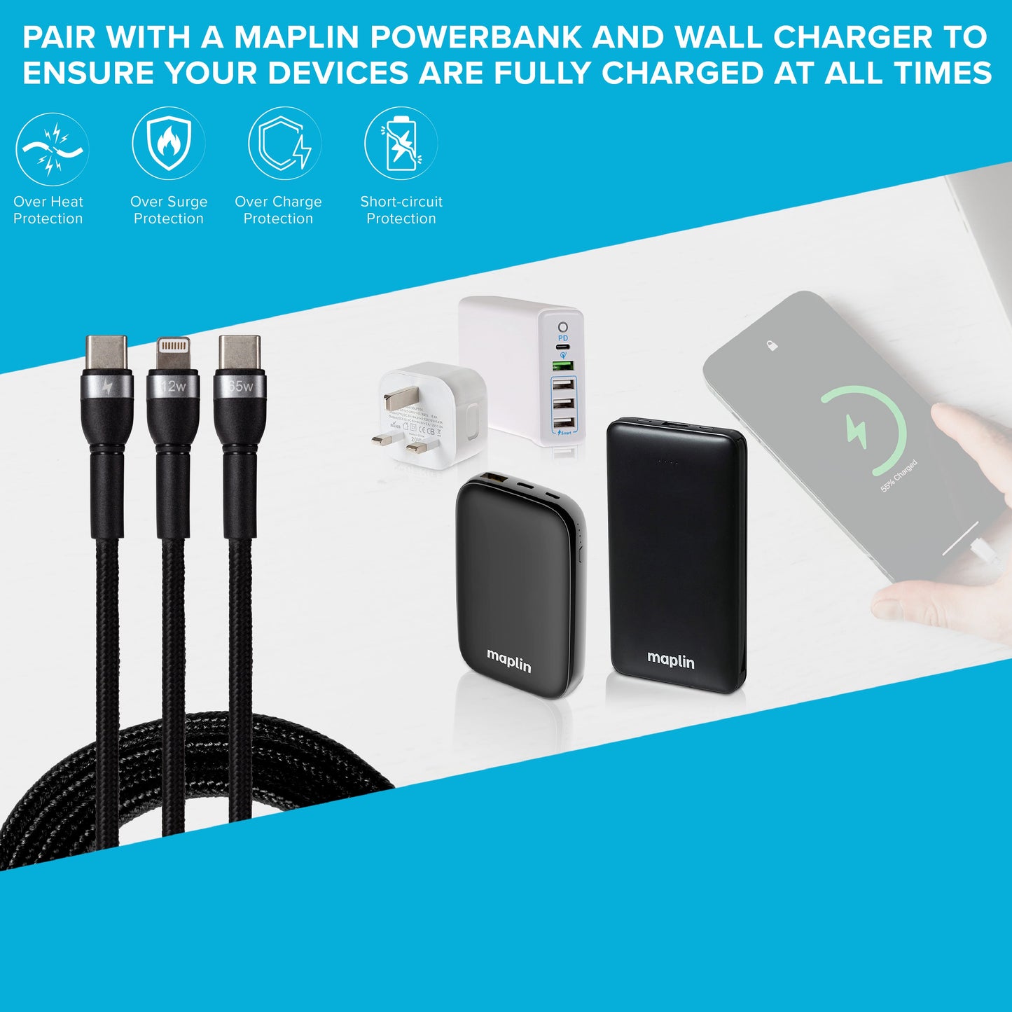 Maplin 2-in-1 USB-C to Multi-Charging USB-C 65W & Lightning 12W Braided Cable