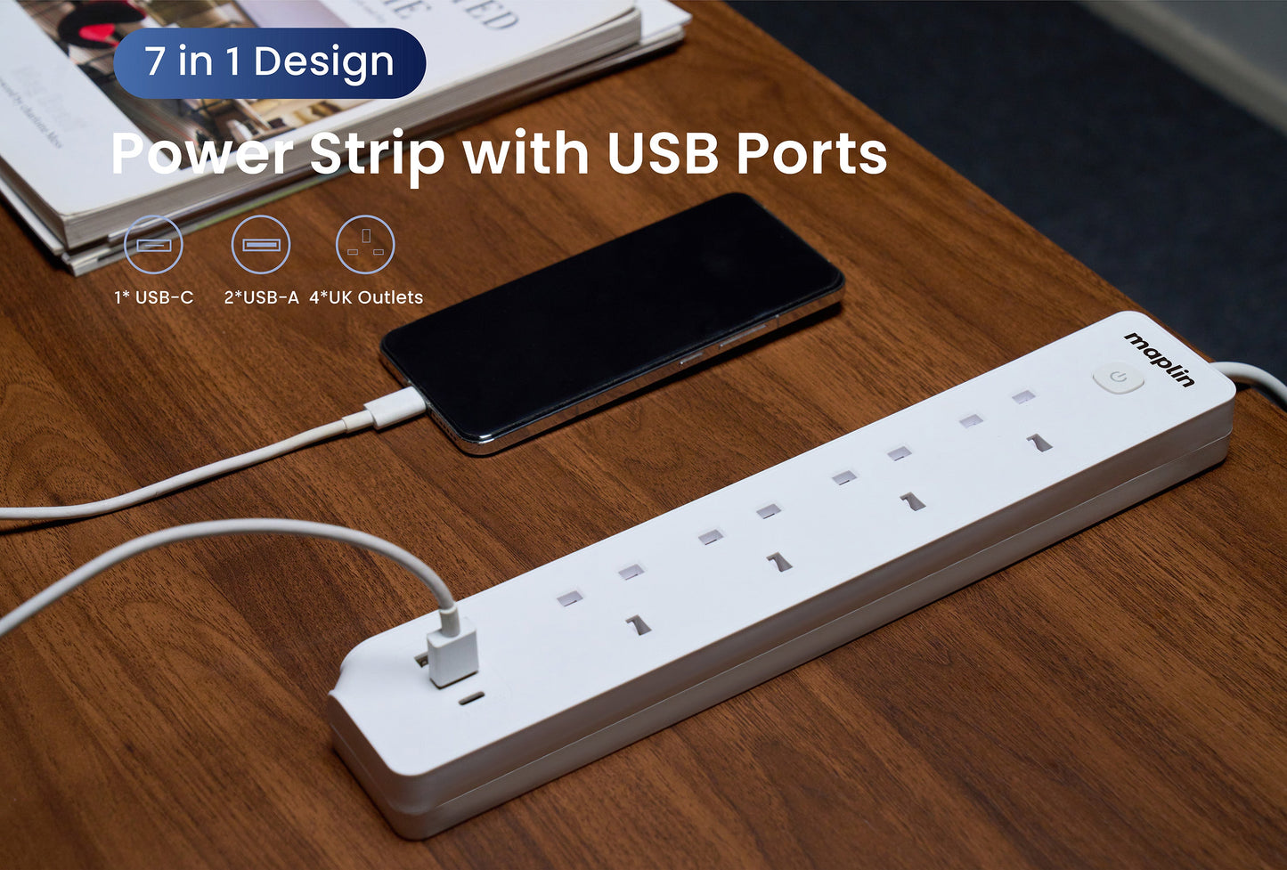 Maplin 1.8m 4 Socket 13 Amp Extension Lead with 2x USB-A / 1x USB-C Ports