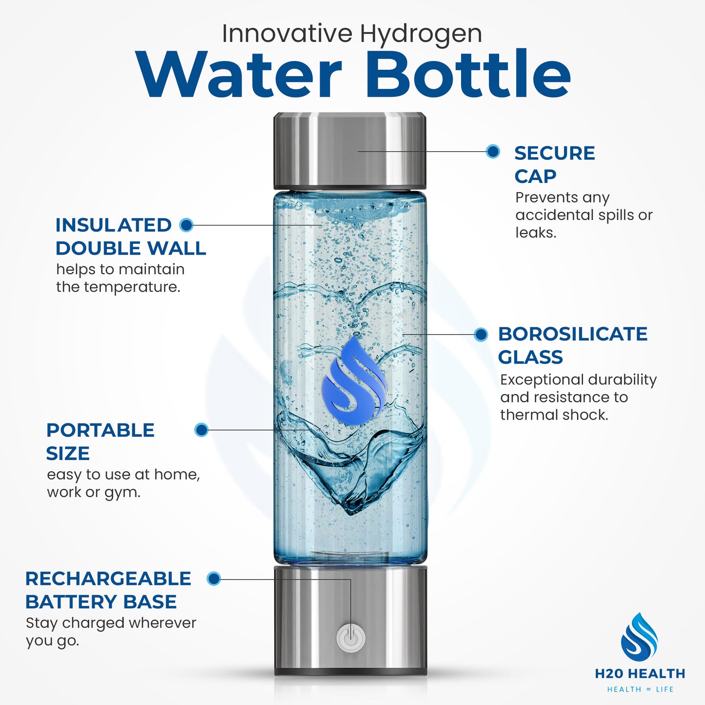 H20 Health® Glass Hydrogen water bottle, Water Purifier, (CE,FCC,LFGB certified) SPE PEM Hydrogen Water Bottle Technology, Filtered Water, water purifier
