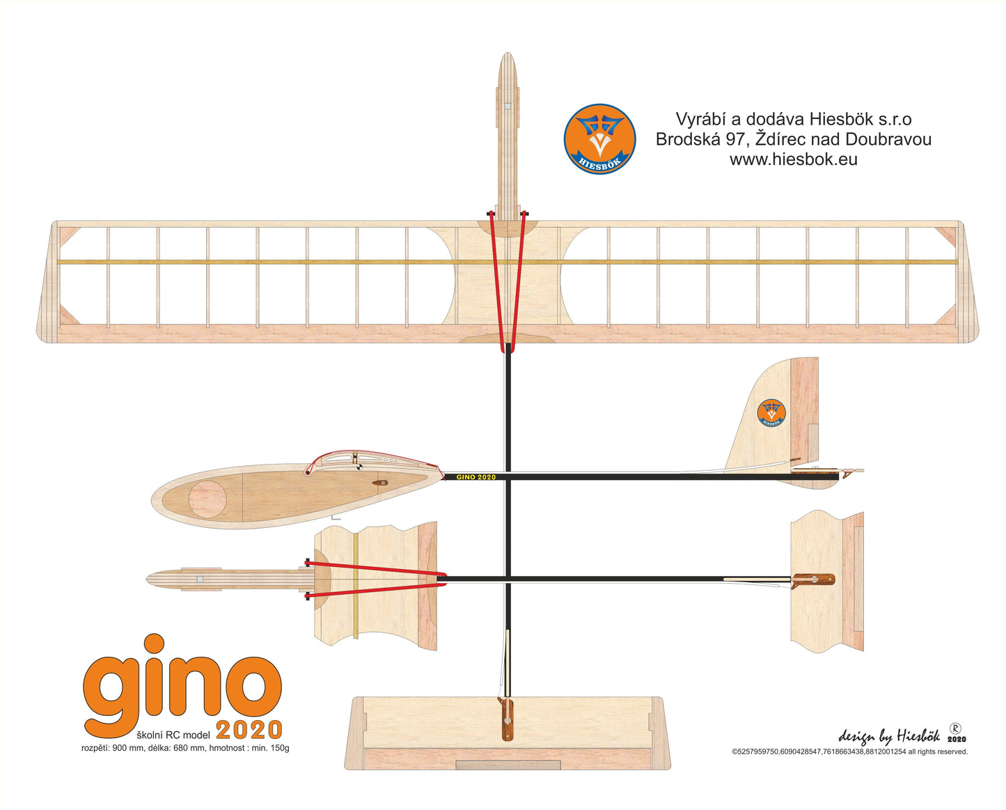 New Hiesbok GINO Model Glider Kit for free flight or radio control, with built-up wing