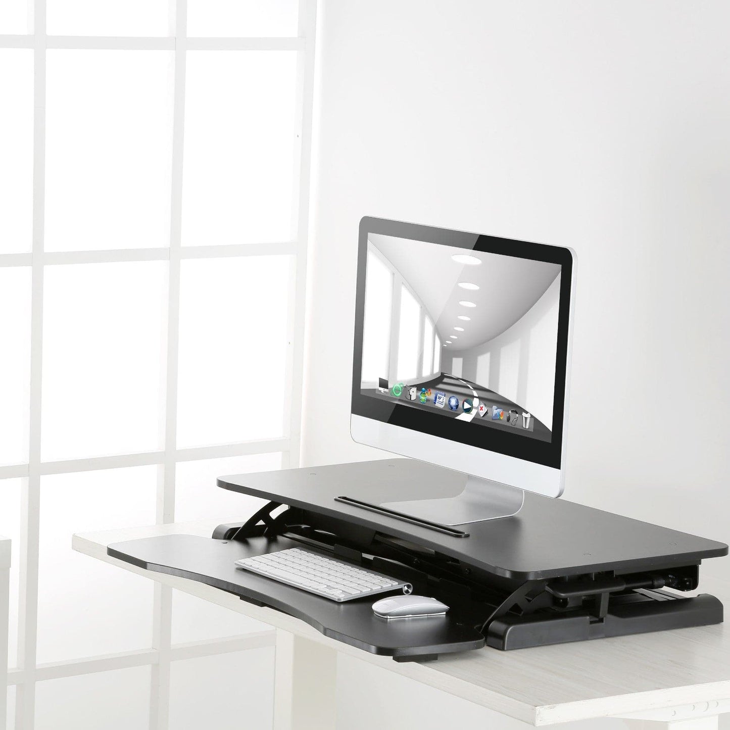 ProperAV Two Tier Worktop Stand Up Desk Converter with Gas Spring Lift & Variable Height Settings - Black
